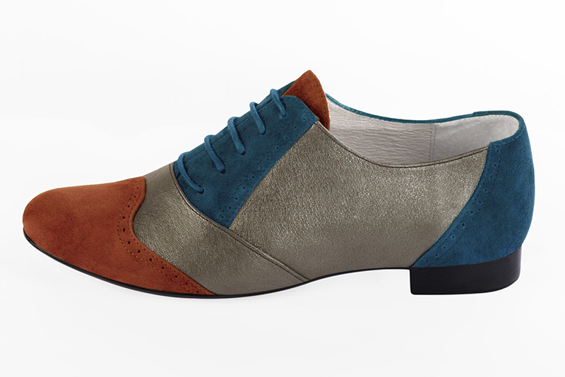 Terracotta orange, taupe brown and peacock blue women's fashion lace-up shoes. Round toe. Flat leather soles. Profile view - Florence KOOIJMAN